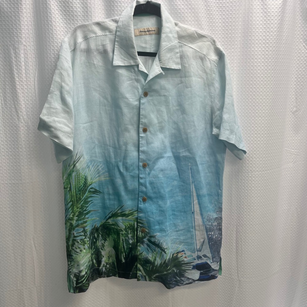 Tommy Bahama Mens 100% Linen Tropical Scenic Sailboat Surfer Shirt Blue Medium